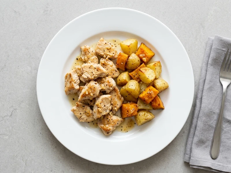 Lemon Garlic Baked Chicken with Potato and Pumpkin — 49g protein chef-made ready meal delivered by Foober
