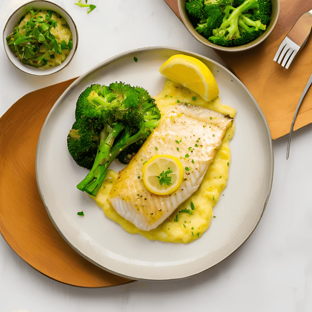 Seared Fish with Lemon Chive Sauce and Cauli Mash — 34g protein chef-made ready meal delivered by Foober
