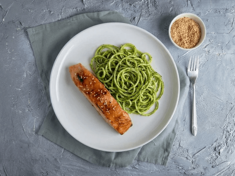 Miso Glazed Salmon with Pesto Zucchini Noodles (Low Carb) — 21g protein chef-made ready meal delivered by Foober