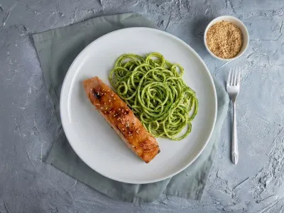 Miso Glazed Salmon with Pesto Zucchini Noodles (Low Carb) — 21g protein chef-made ready meal delivered by Foober
