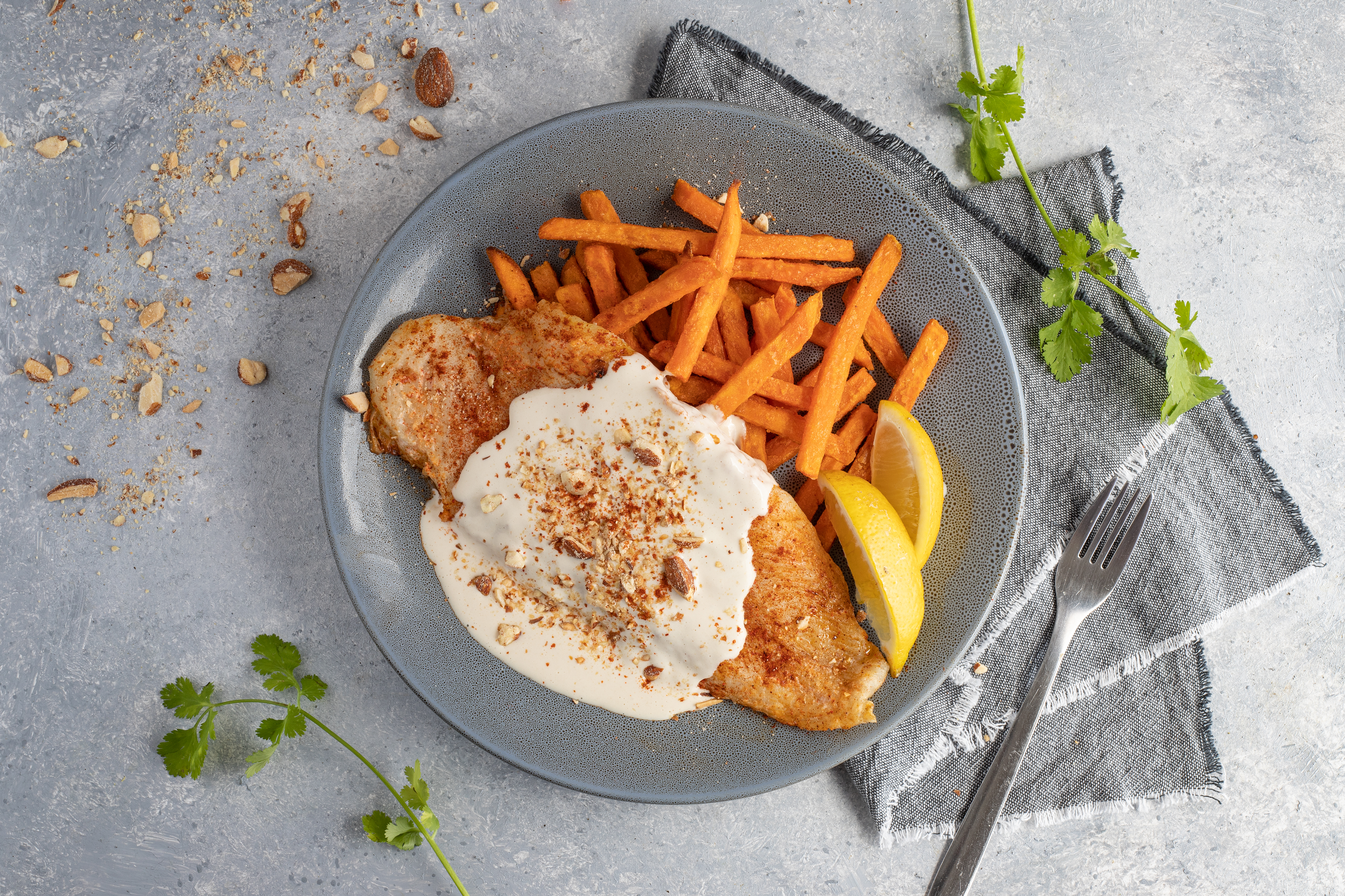 Spicy Tahini and Almond grilled fish — 30g protein chef-made ready meal delivered by Foober